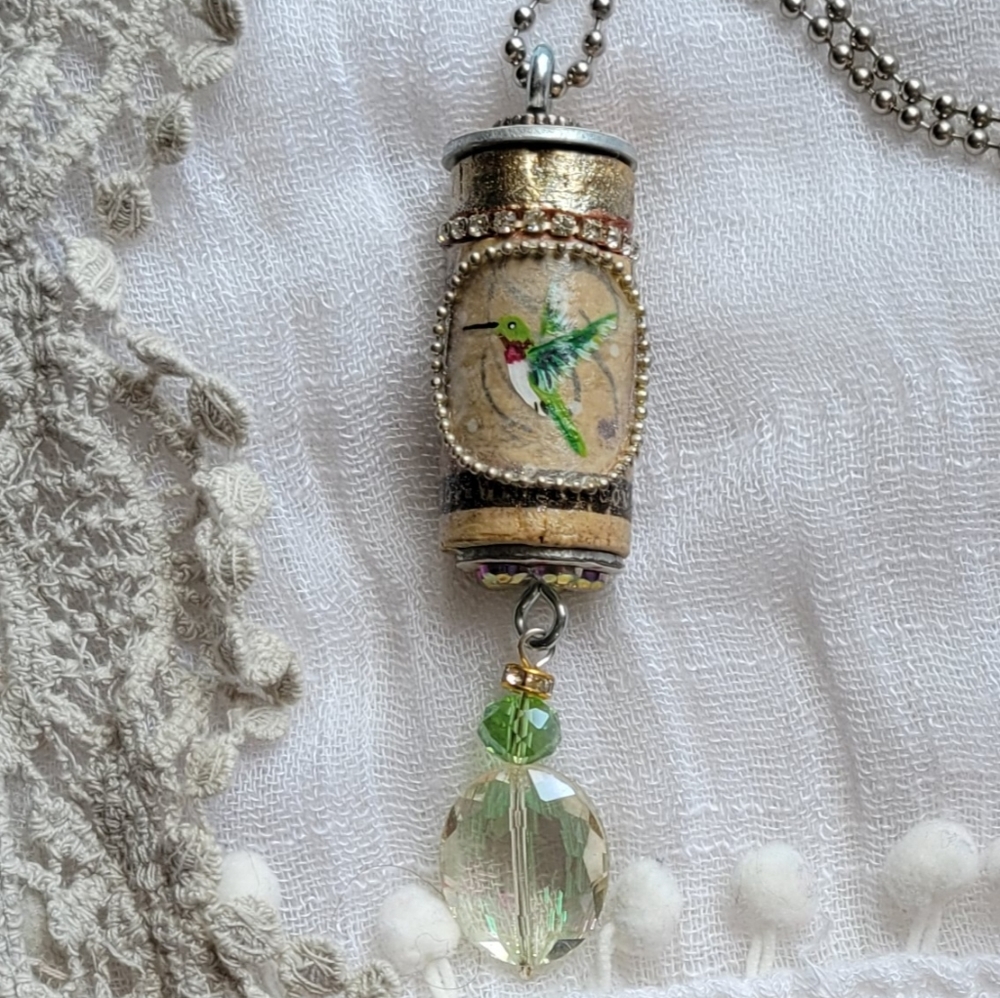 Handpainted Hummingbird Necklace - Spring Green